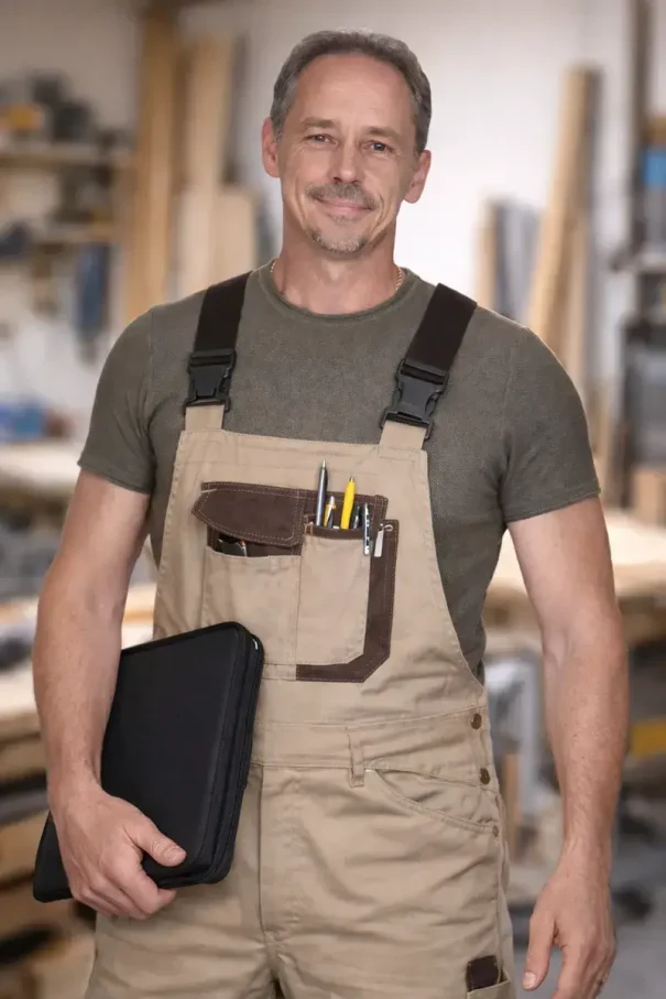 Holzbau Hollweg - Darius Hollweg - Ihr fachkompetenter Partner in NRW Darius Hollweg in Arbeitskleidung in einer Werkstatt mit Mappe in der Hand