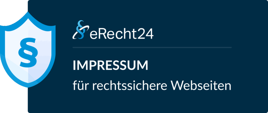 Dunkelblaues eRecht24-Siegel mit Schildsymbol und dem Text „Impressum für rechtssichere Webseiten“ im horizontalen Layout.